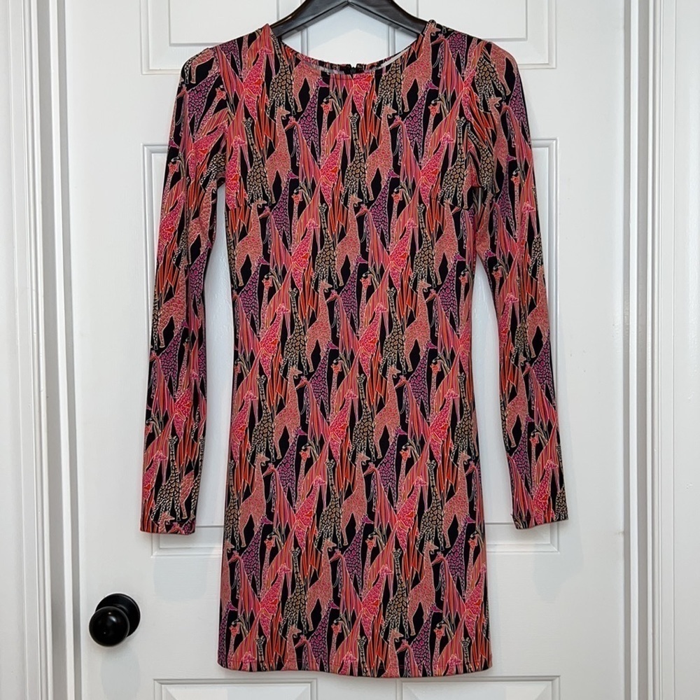 JB by Julie Brown Giraffe Long Sleeve Shift Dress Size Small Pink Black